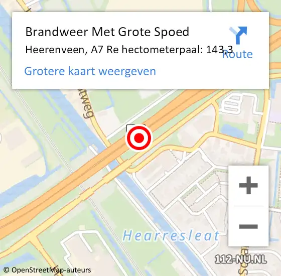Locatie op kaart van de 112 melding: Brandweer Met Grote Spoed Naar Heerenveen, A7 Re hectometerpaal: 143,3 op 22 november 2019 09:19