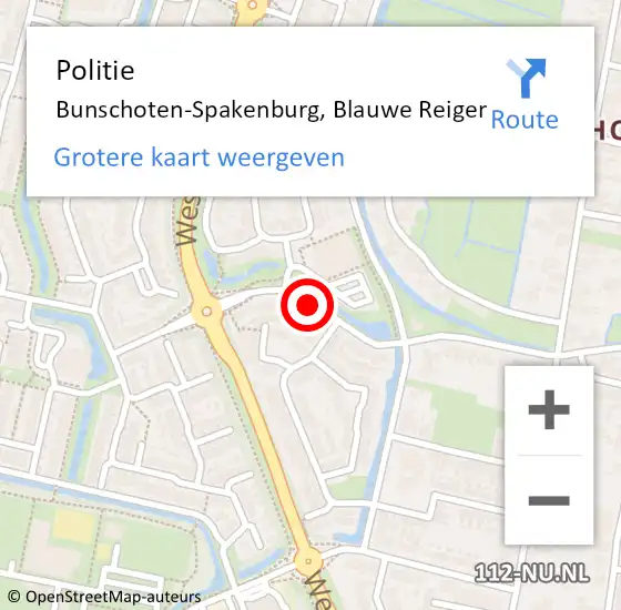 Locatie op kaart van de 112 melding: Politie Bunschoten-Spakenburg, Blauwe Reiger op 23 november 2019 13:59