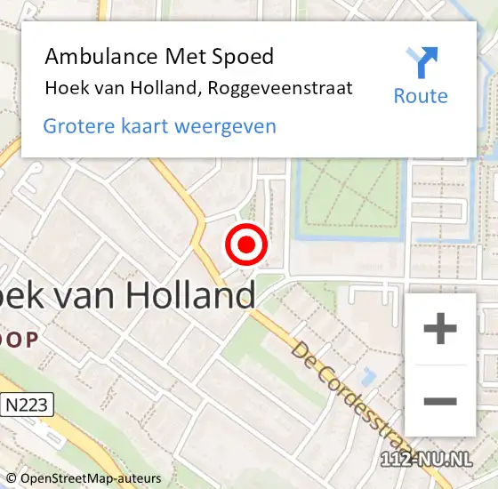 Locatie op kaart van de 112 melding: Ambulance Met Spoed Naar Hoek van Holland, Roggeveenstraat op 24 november 2019 19:54