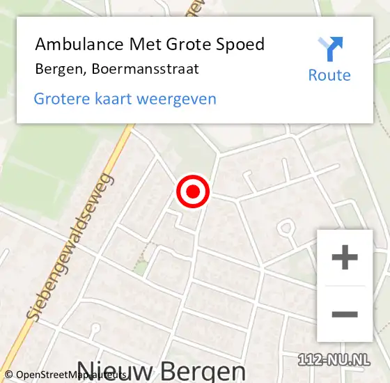 Locatie op kaart van de 112 melding: Ambulance Met Grote Spoed Naar Bergen, Boermansstraat op 26 november 2019 11:27