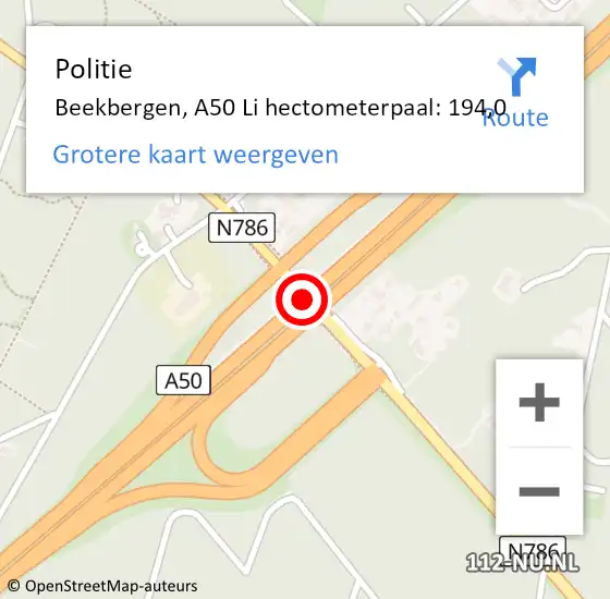 Locatie op kaart van de 112 melding: Politie Beekbergen, A50 Li hectometerpaal: 194,0 op 28 november 2019 07:19