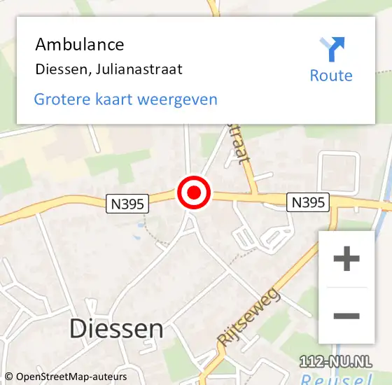 Locatie op kaart van de 112 melding: Ambulance Diessen, Julianastraat op 28 november 2019 13:55