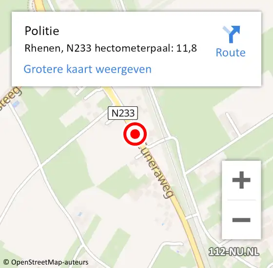 Locatie op kaart van de 112 melding: Politie Rhenen, N233 hectometerpaal: 11,8 op 28 november 2019 16:28