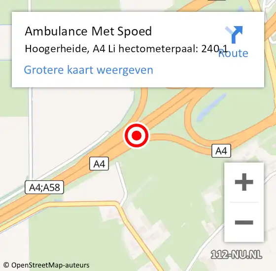 Locatie op kaart van de 112 melding: Ambulance Met Spoed Naar Hoogerheide, A4 Li hectometerpaal: 240,1 op 29 november 2019 17:04