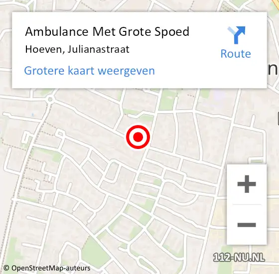 Locatie op kaart van de 112 melding: Ambulance Met Grote Spoed Naar Hoeven, Julianastraat op 30 november 2019 14:24