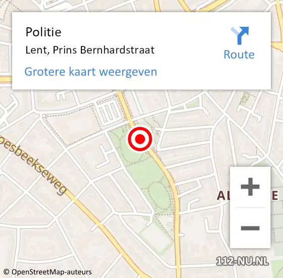 Locatie op kaart van de 112 melding: Politie Lent, Prins Bernhardstraat op 21 april 2014 13:19