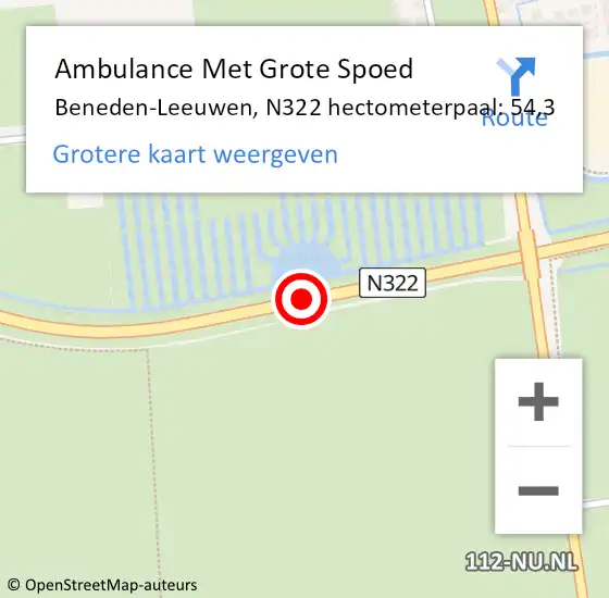 Locatie op kaart van de 112 melding: Ambulance Met Grote Spoed Naar Beneden-Leeuwen, N322 hectometerpaal: 54,3 op 21 april 2014 13:36