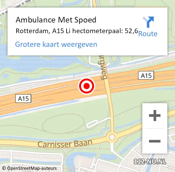 Locatie op kaart van de 112 melding: Ambulance Met Spoed Naar Rotterdam, A15 Li hectometerpaal: 52,6 op 2 december 2019 10:04