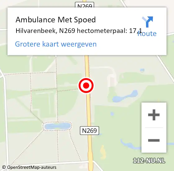 Locatie op kaart van de 112 melding: Ambulance Met Spoed Naar Hilvarenbeek, N269 hectometerpaal: 17,1 op 2 december 2019 15:55