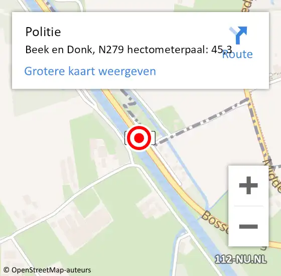 Locatie op kaart van de 112 melding: Politie Beek en Donk, N279 hectometerpaal: 45,3 op 6 december 2019 09:39