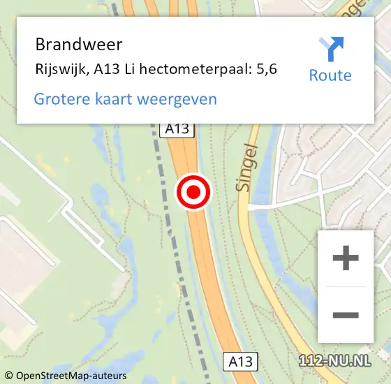Locatie op kaart van de 112 melding: Brandweer Rijswijk, A13 Li hectometerpaal: 5,6 op 7 december 2019 17:24
