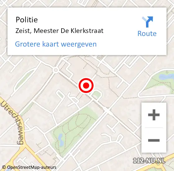 Locatie op kaart van de 112 melding: Politie Zeist, Meester De Klerkstraat op 8 december 2019 13:49