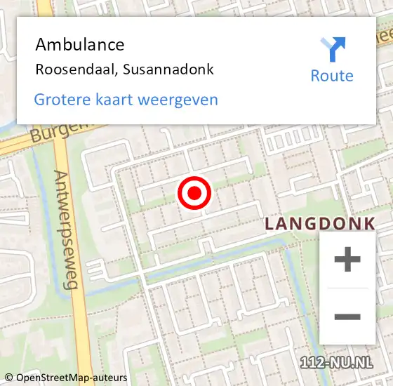 Locatie op kaart van de 112 melding: Ambulance Roosendaal, Susannadonk op 9 december 2019 14:53