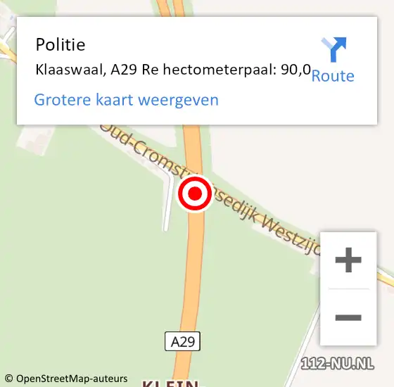 Locatie op kaart van de 112 melding: Politie Klaaswaal, A29 Li hectometerpaal: 22,4 op 12 december 2019 13:38