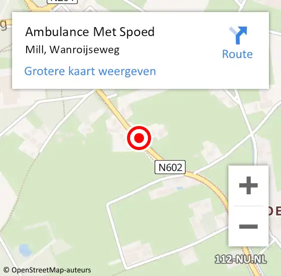 Locatie op kaart van de 112 melding: Ambulance Met Spoed Naar Mill, Wanroijseweg op 13 december 2019 16:59