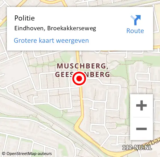 Locatie op kaart van de 112 melding: Politie Eindhoven, Broekakkerseweg op 15 december 2019 13:31