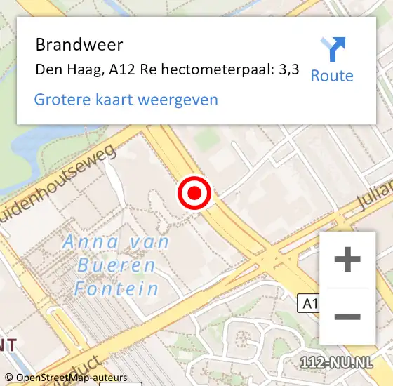 Locatie op kaart van de 112 melding: Brandweer Den Haag, A12 Re hectometerpaal: 3,3 op 15 december 2019 22:44