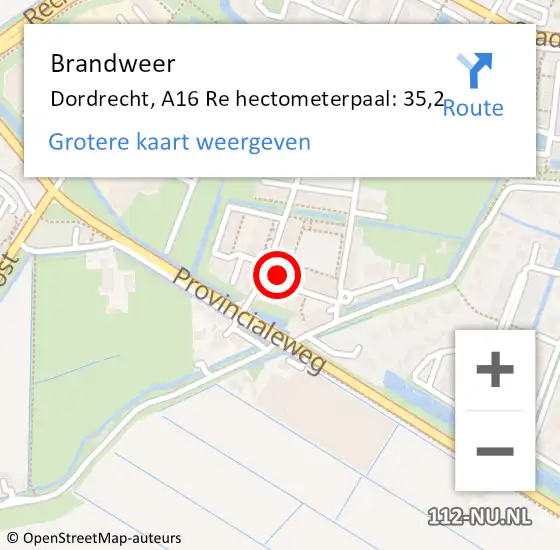 Locatie op kaart van de 112 melding: Brandweer Dordrecht, A16 Re hectometerpaal: 35,2 op 17 december 2019 07:44