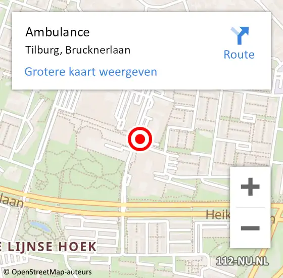 Locatie op kaart van de 112 melding: Ambulance Tilburg, Brucknerlaan op 18 december 2019 08:08