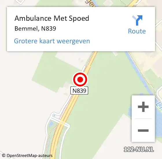 Locatie op kaart van de 112 melding: Ambulance Met Spoed Naar Bemmel, N839 op 19 december 2019 07:49