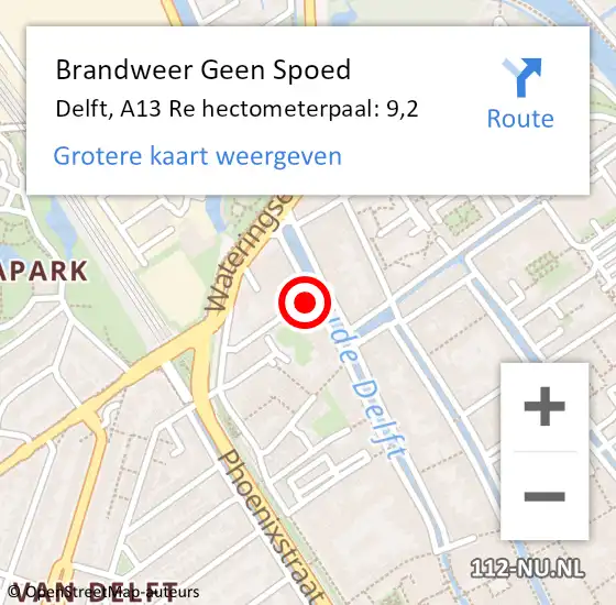 Locatie op kaart van de 112 melding: Brandweer Geen Spoed Naar Delft, A13 Re hectometerpaal: 9,2 op 21 december 2019 01:04