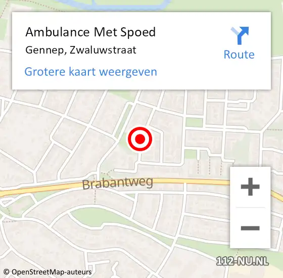 Locatie op kaart van de 112 melding: Ambulance Met Spoed Naar Gennep, Zwaluwstraat op 21 december 2019 21:08