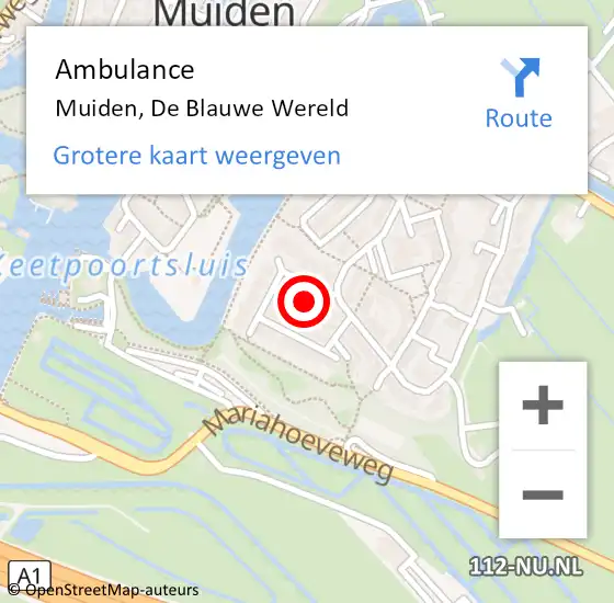 Locatie op kaart van de 112 melding: Ambulance Muiden, De Blauwe Wereld op 21 december 2019 21:28