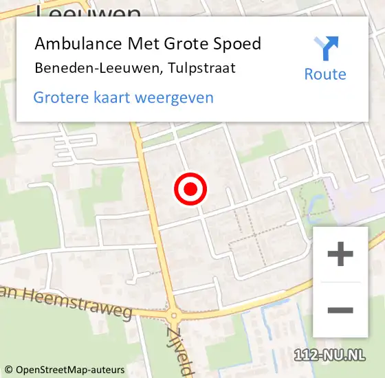 Locatie op kaart van de 112 melding: Ambulance Met Grote Spoed Naar Beneden-Leeuwen, Tulpstraat op 22 december 2019 11:09