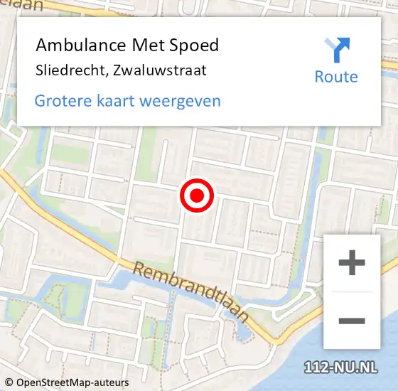 Locatie op kaart van de 112 melding: Ambulance Met Spoed Naar Sliedrecht, Zwaluwstraat op 23 december 2019 19:49