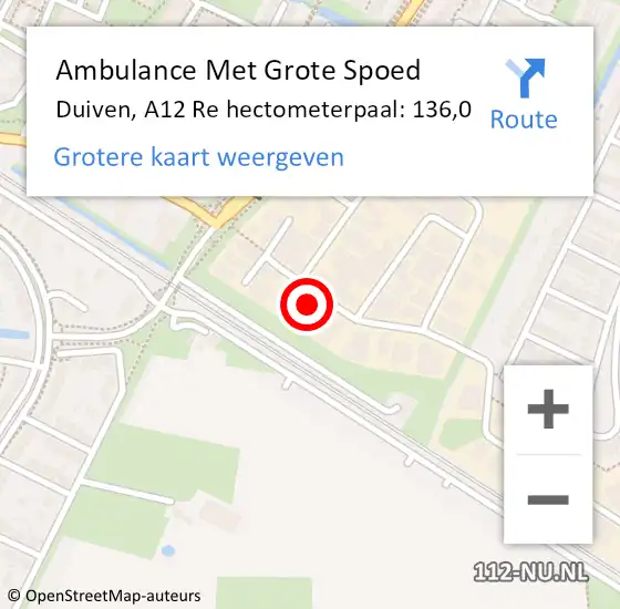 Locatie op kaart van de 112 melding: Ambulance Met Grote Spoed Naar Duiven, A12 Re hectometerpaal: 136,0 op 24 december 2019 18:52
