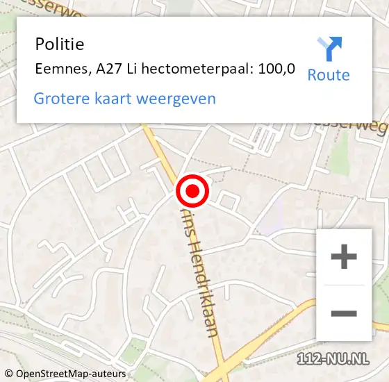 Locatie op kaart van de 112 melding: Politie Eemnes, A27 Li hectometerpaal: 100,0 op 24 december 2019 23:14