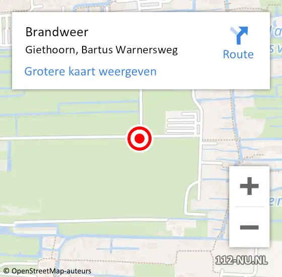 Locatie op kaart van de 112 melding: Brandweer Giethoorn, Bartus Warnersweg op 29 december 2019 01:38
