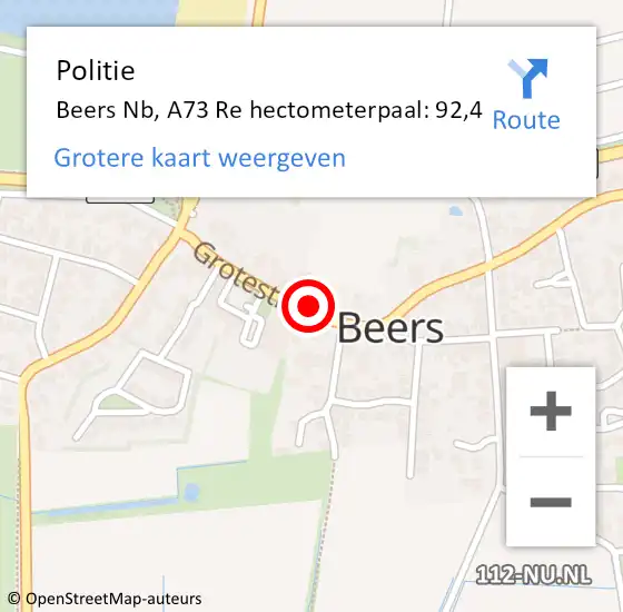 Locatie op kaart van de 112 melding: Politie Beers Nb, A73 Re hectometerpaal: 92,4 op 30 december 2019 17:22