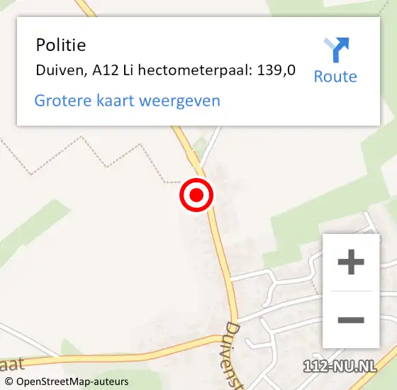 Locatie op kaart van de 112 melding: Politie Duiven, A12 Li hectometerpaal: 139,0 op 31 december 2019 01:14