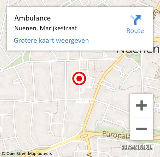 Locatie op kaart van de 112 melding: Ambulance Nuenen, Marijkestraat op 31 december 2019 12:37