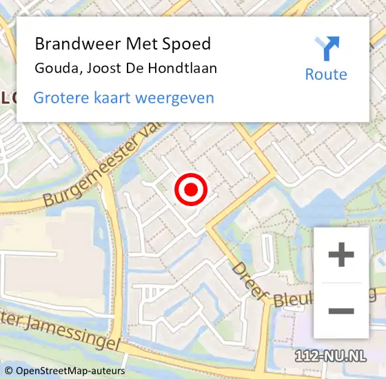 Locatie op kaart van de 112 melding: Brandweer Met Spoed Naar Gouda, Joost De Hondtlaan op 4 januari 2020 13:01