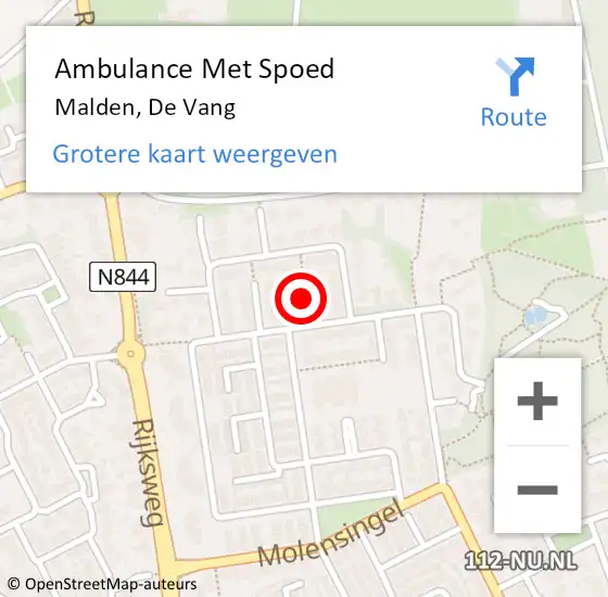 Locatie op kaart van de 112 melding: Ambulance Met Spoed Naar Malden, De Vang op 11 januari 2020 00:24