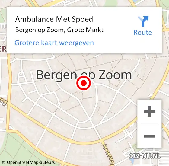 Locatie op kaart van de 112 melding: Ambulance Met Spoed Naar Bergen op Zoom, Grote Markt op 11 januari 2020 03:49