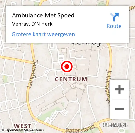 Locatie op kaart van de 112 melding: Ambulance Met Spoed Naar Venray, D'N Herk op 12 januari 2020 09:47