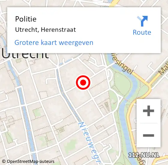 Locatie op kaart van de 112 melding: Politie Utrecht, Herenstraat op 14 januari 2020 07:57