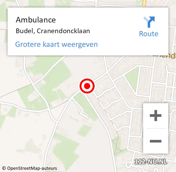 Locatie op kaart van de 112 melding: Ambulance Budel, Cranendoncklaan op 15 januari 2020 08:44