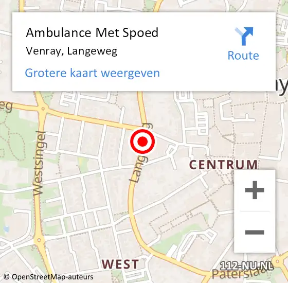 Locatie op kaart van de 112 melding: Ambulance Met Spoed Naar Venray, Langeweg op 16 januari 2020 09:39