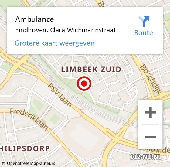 Locatie op kaart van de 112 melding: Ambulance Eindhoven, Clara Wichmannstraat op 16 januari 2020 11:26