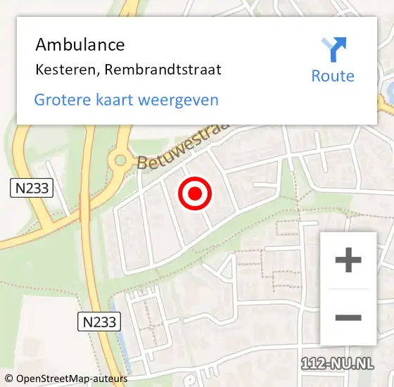 Locatie op kaart van de 112 melding: Ambulance Kesteren, Rembrandtstraat op 17 januari 2020 14:09