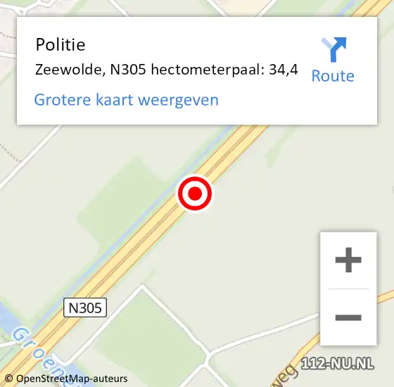 Locatie op kaart van de 112 melding: Politie Zeewolde, N305 hectometerpaal: 34,5 op 17 januari 2020 19:32