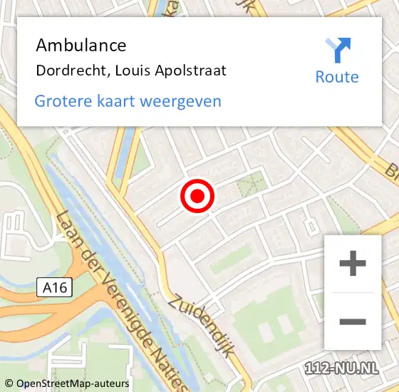 Locatie op kaart van de 112 melding: Ambulance Dordrecht, Louis Apolstraat op 18 januari 2020 15:27