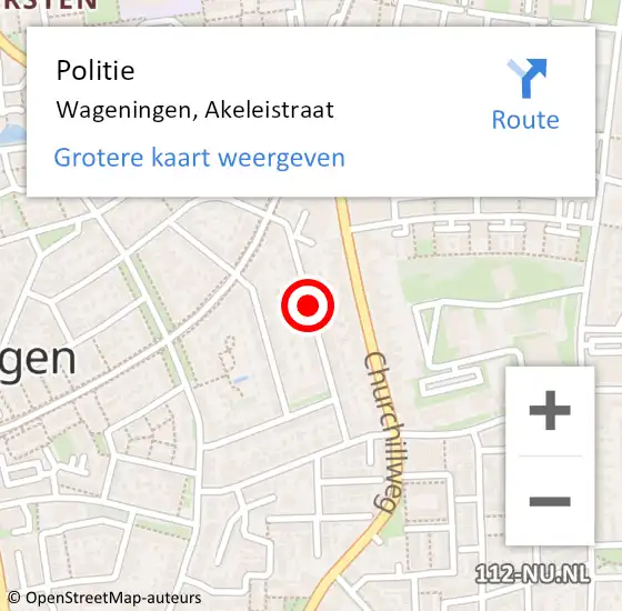 Locatie op kaart van de 112 melding: Politie Wageningen, Akeleistraat op 20 januari 2020 16:09