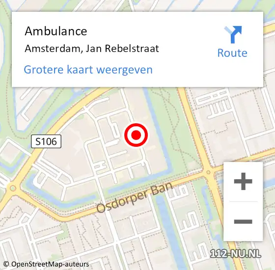 Locatie op kaart van de 112 melding: Ambulance Amsterdam, Jan Rebelstraat op 21 januari 2020 13:28