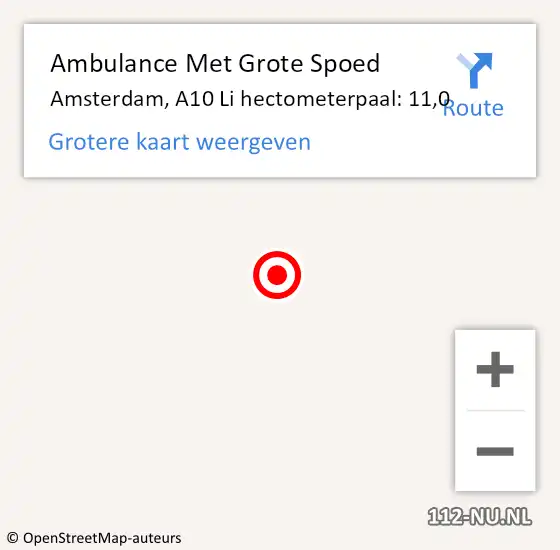 Locatie op kaart van de 112 melding: Ambulance Met Grote Spoed Naar Amsterdam, A10 Li hectometerpaal: 11,0 op 25 januari 2020 11:39