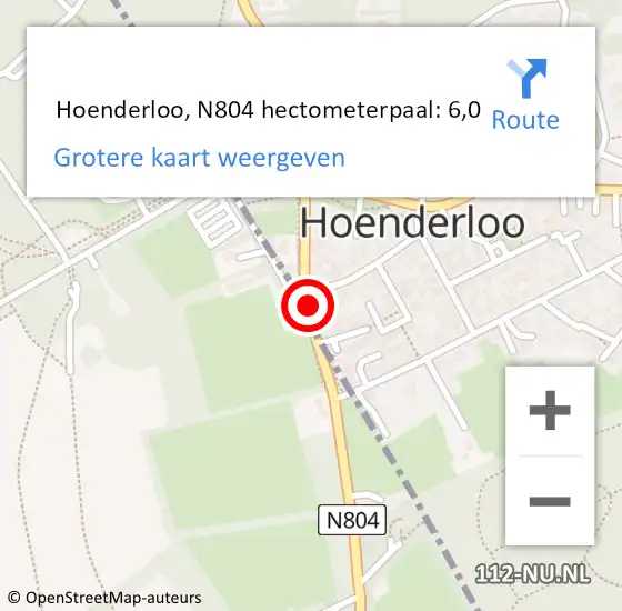 Locatie op kaart van de 112 melding:  Hoenderloo, N804 hectometerpaal: 6,0 op 26 april 2014 15:06